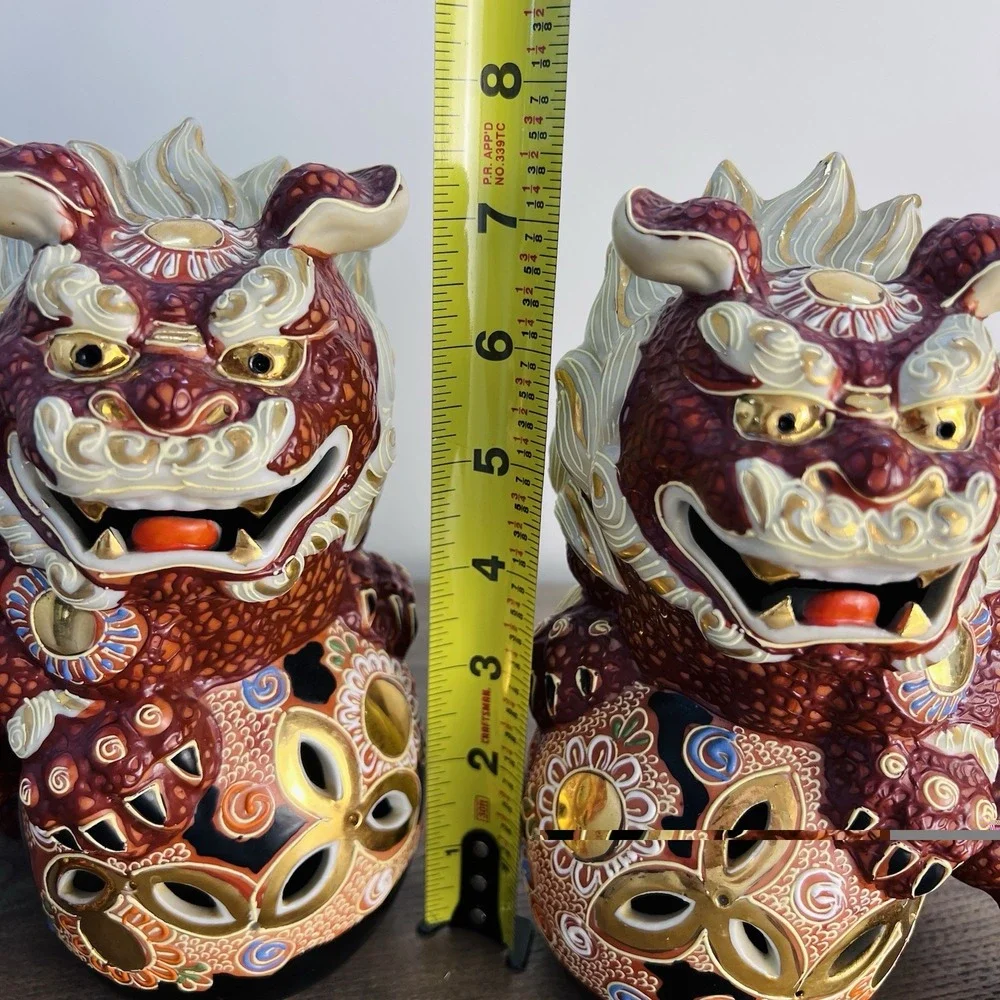 Vintage Japanese Shisa Foo Dog Pair Kutani Style Moriage Porcelain 7.75